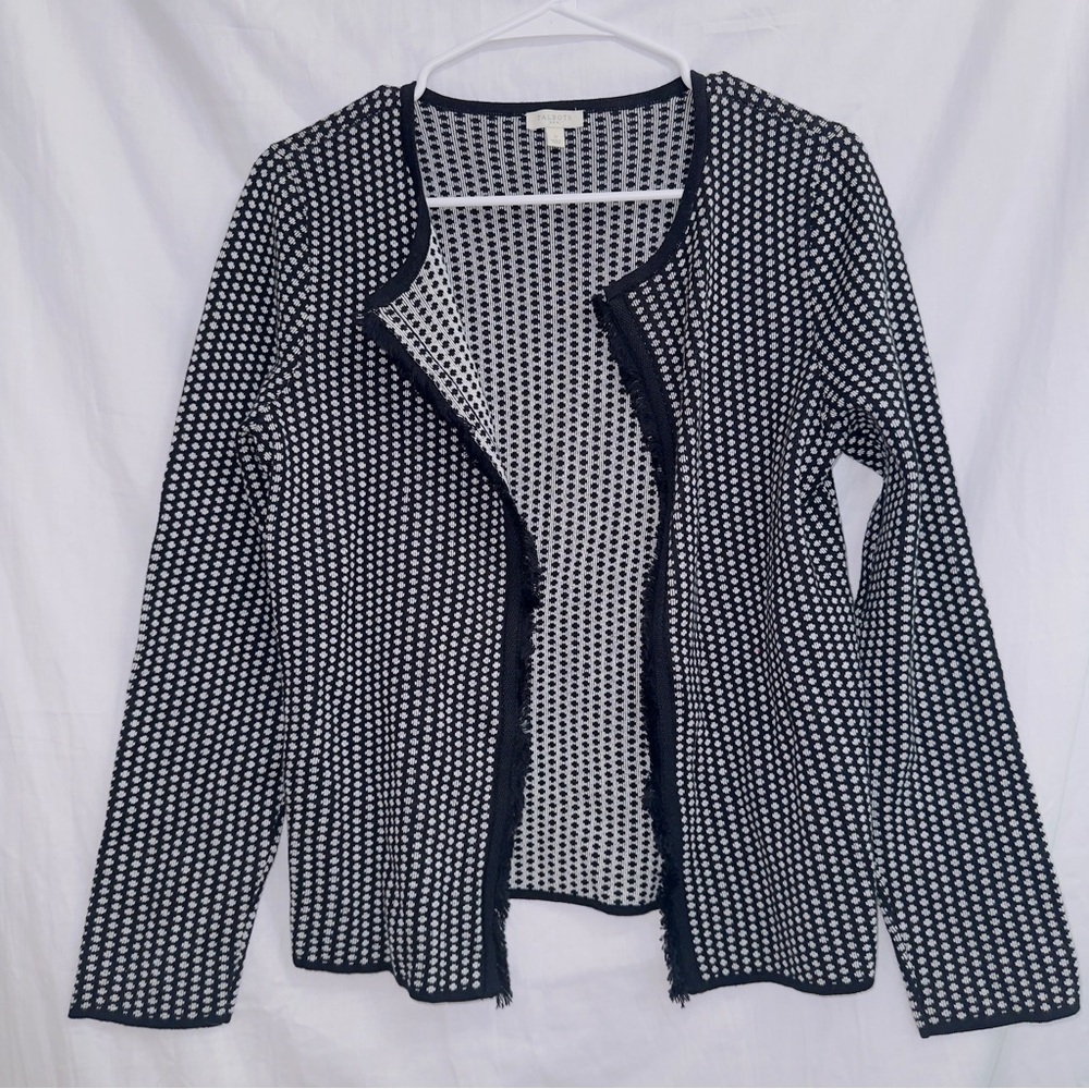 Talbots Black White Knit Long Sleeve Open Front Cardigan Sweater size small